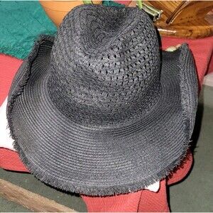 Women's Black Straw Hat With Frayed Edge One Size